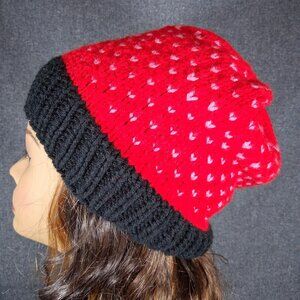 Black, Red and Pink Heart Slouchy Beanie – Hand-Knitted Hat, Unisex Adult & Teen